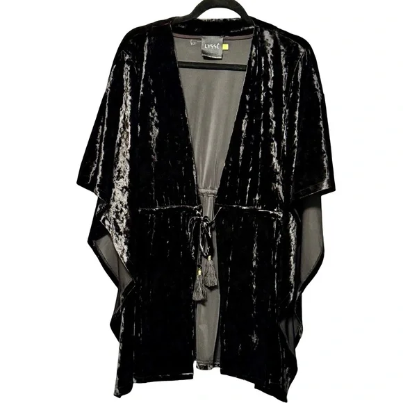LYSSÉ Willa Black Crushed Velvet Tassel Tie Oversized Wide Sleeve Kimono Medium - Picture 2 of 12